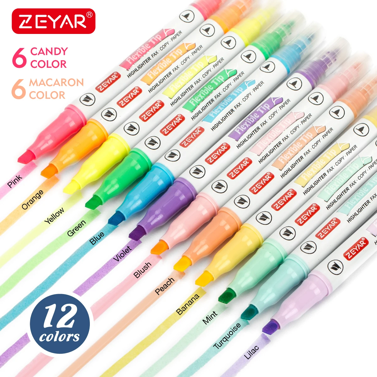 Customized ZEYAR Highlighter pen set  dual tip extra fine and Chisel writing width 1mm-4mm 12 assorted colors