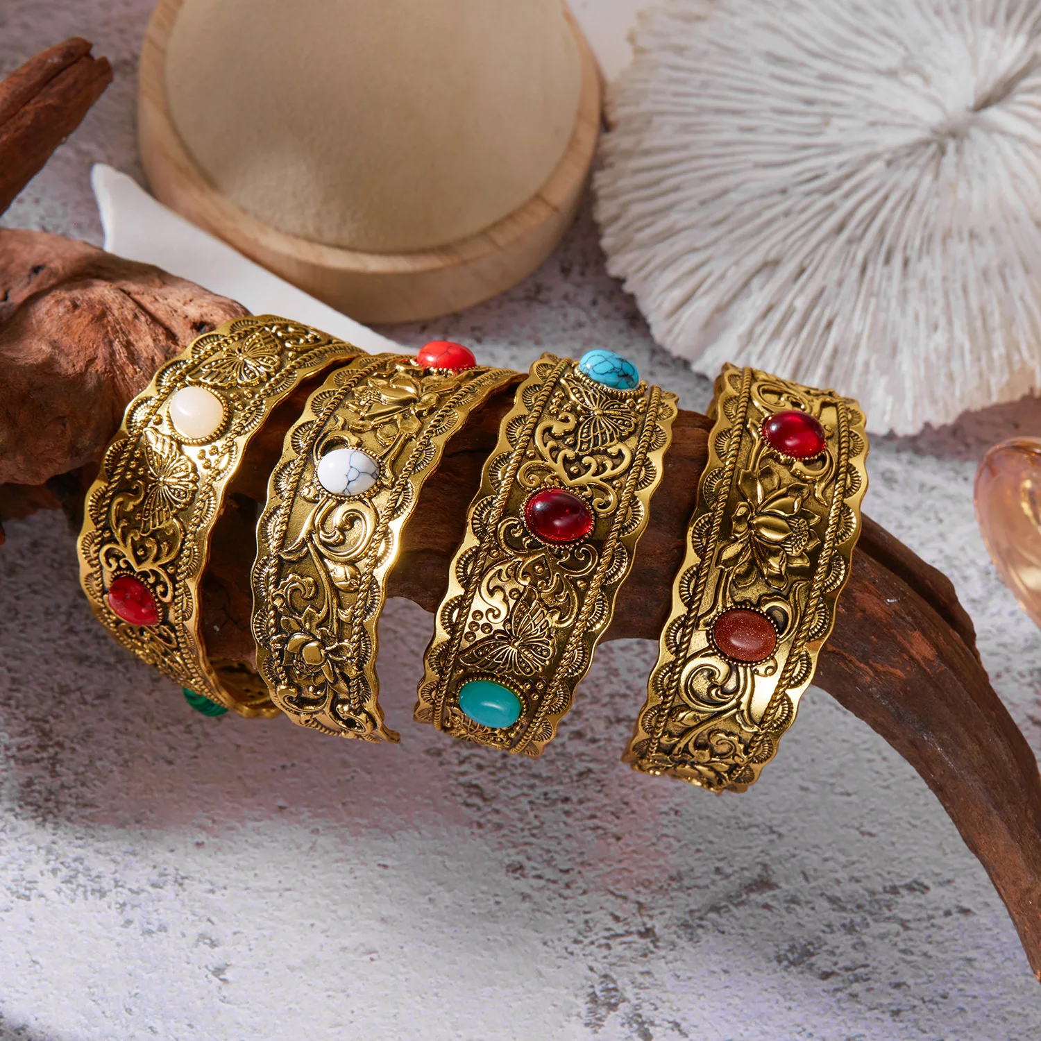 Vintage Natural Stone Feather Bangle Bracelet Women Men Turquoise Rhinestone Open Adjustable Wide Couple Bracelet Ethnic Jewelry