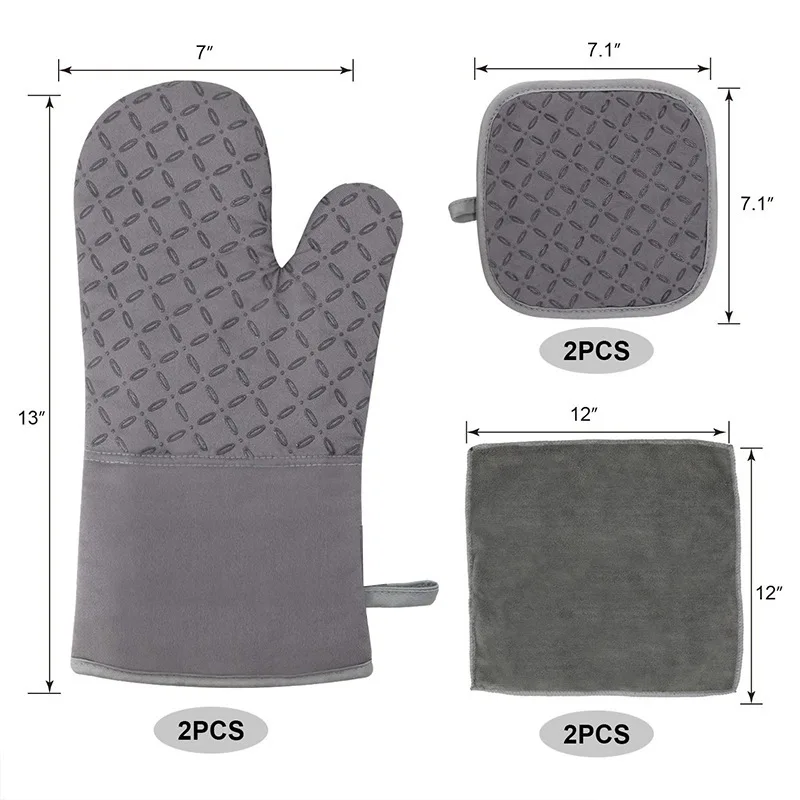 Hot Selling Cotton Lined Padded Mittens Non-Slip Silicone Heat Mats Insulated Oven Gloves High Temperature Baking Oven Gloves