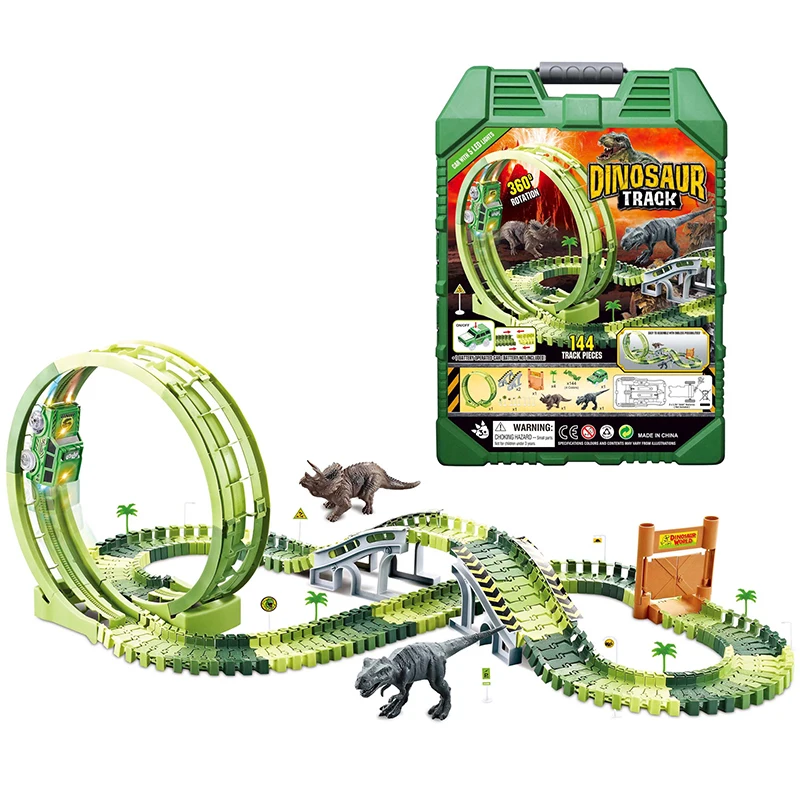 144PCS Electric mist spray dinosaur rail race track railway car toy sets
