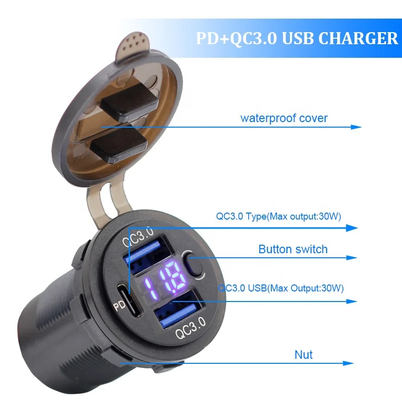 Dual USB QC 3.0 Port 20W PD Type C Car Charger Socket with Voltmeter and Power Switch for Bus RV