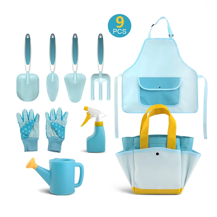 Customized Metal and Wooden Equipment Safe Beach Sandbox Toy 9pcs Kids Gardening Tool Set