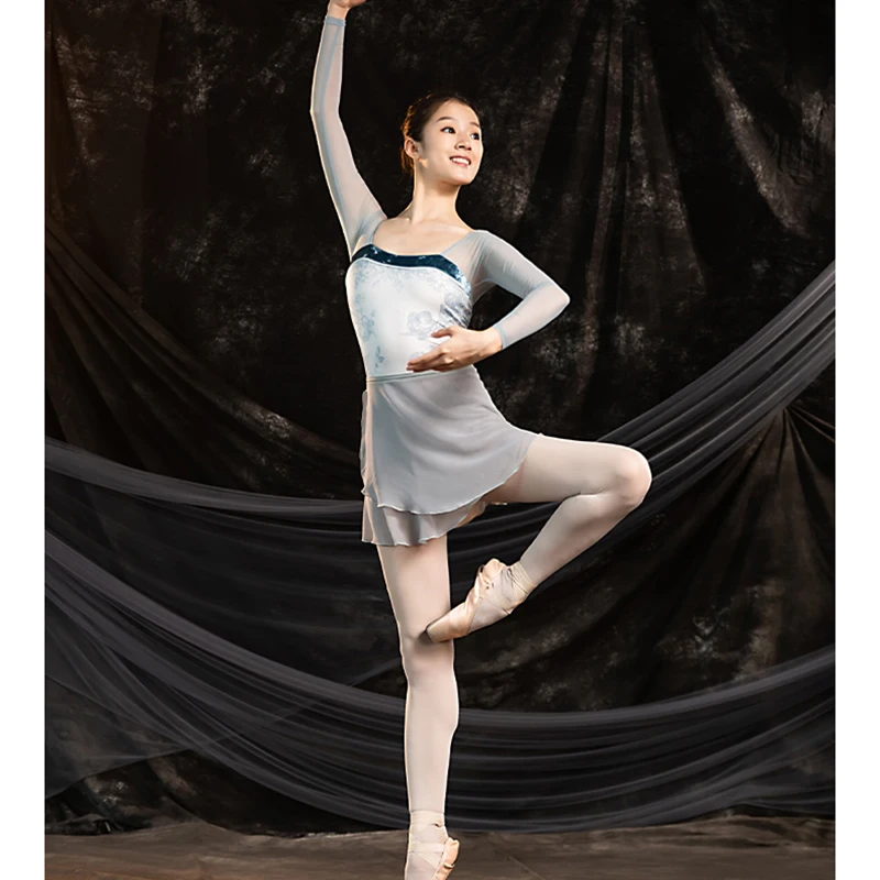 Fashionable Embroidery Selected Mesh Fabric Leotards Breathable Gymnastic Long Sleeves Leotards Dance Wear Training Bodysuit