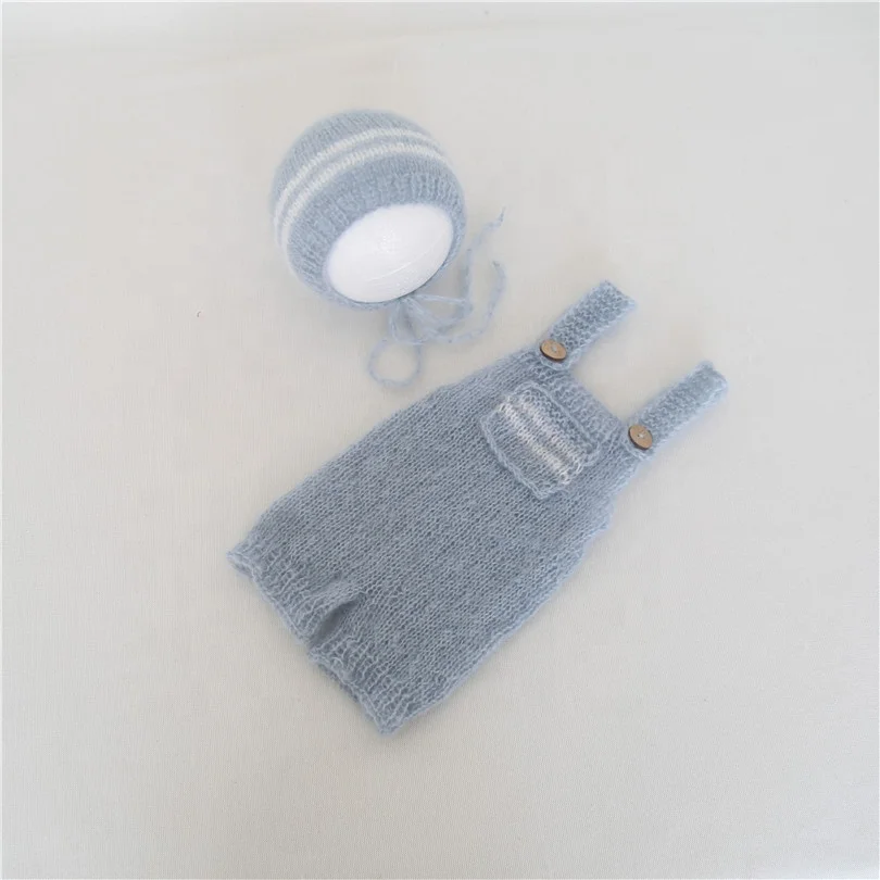 Baby Pink Outfit Angora Knit Teddy Bear Hat Romper Set Crochet Newborn Overall Photography Props Fluffy Bear Bonnet Pant Props