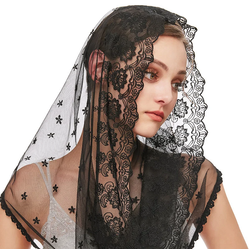 Y-Z Muslim Bridal Veil Wedding Headdress Lace Hair Veil Scarf Shawl Black White Cape Wholesale Yarn Lace Edge Embroidered