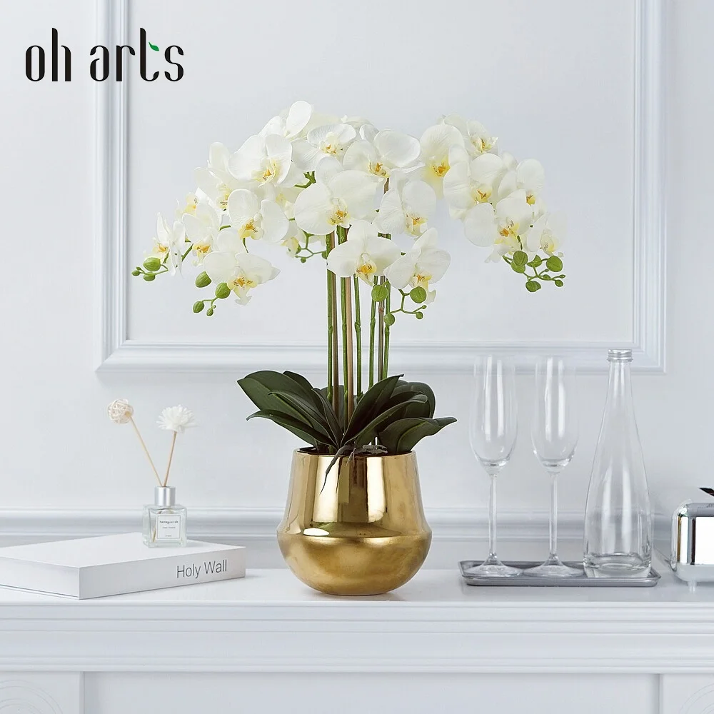 Luxury Oh Arts Artificial orchid flower in Gold Vase White Faux Orchid Plant in Gold Pot Flower Arrangement White Flowers