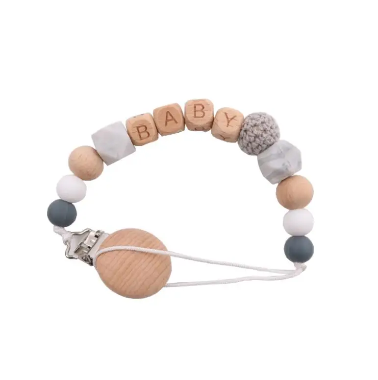 Silicone beech wood new baby teething relief pacifer holder clip toy