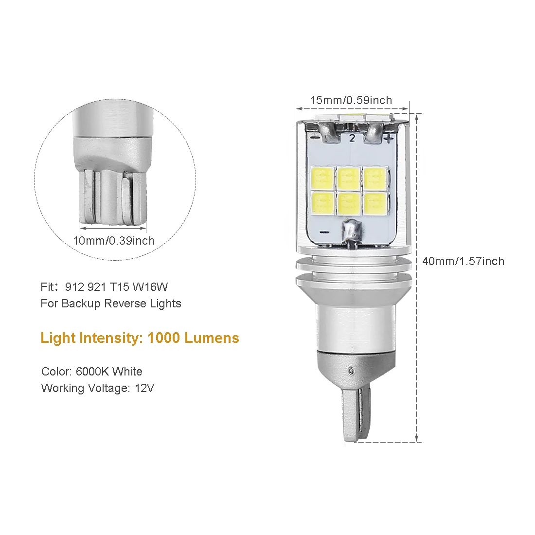 
T15 T16 921 LED bulbs backup reverse light extremely bright with high power 3030SMD 