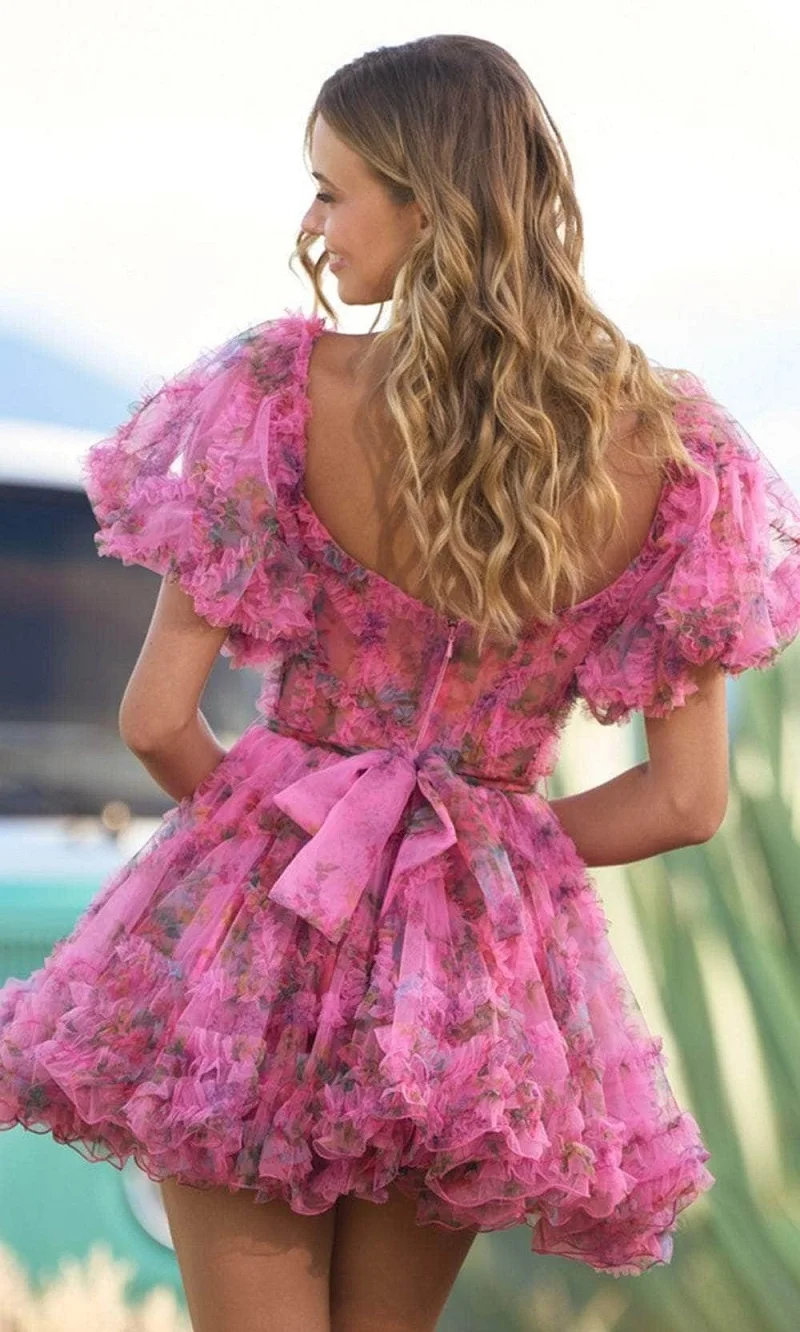 Elegant Summer Fashion 2023 Ladies Floral Printed Sheer Corset Casual Dresses Cap-Sleeves A line Short Dress for Women