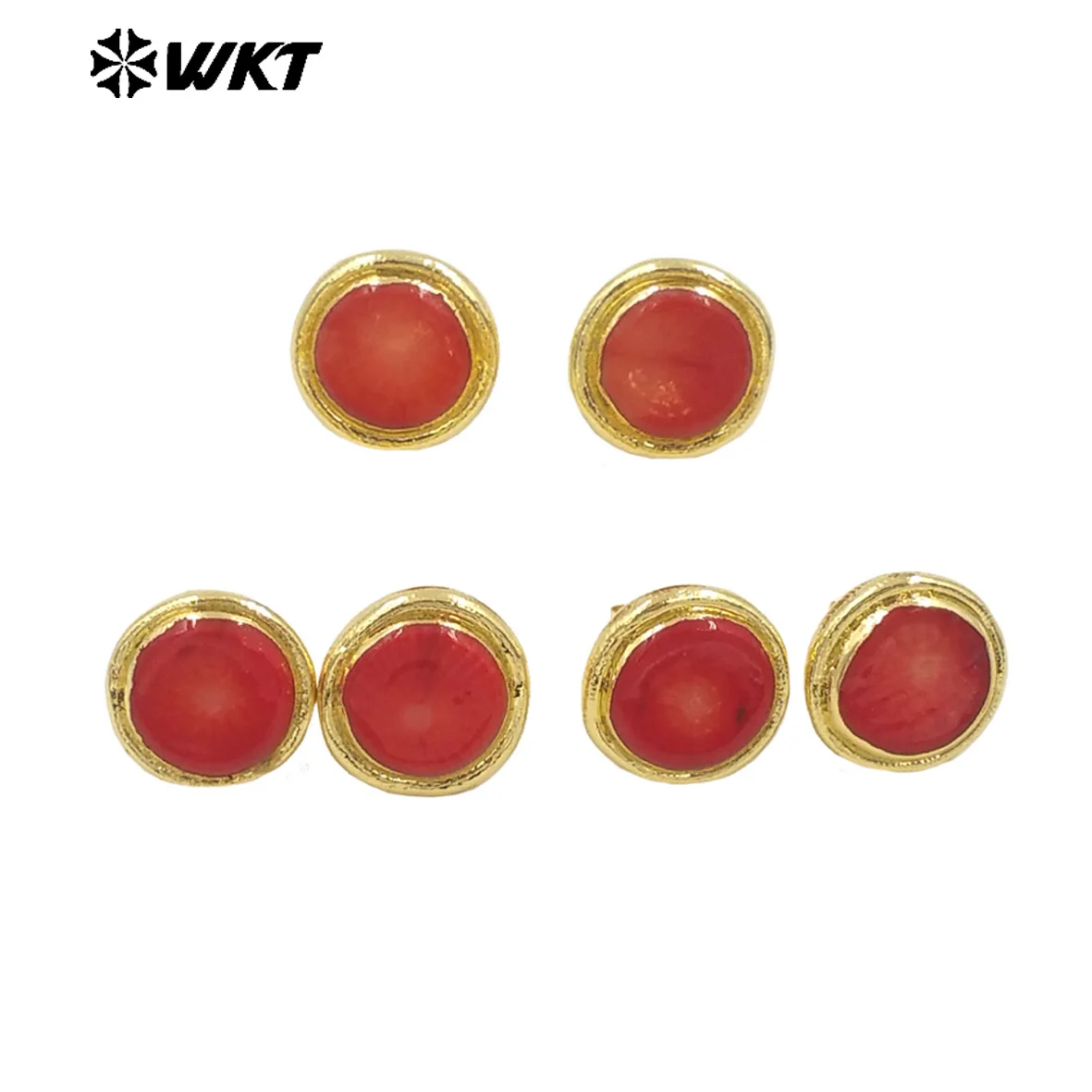 WT-MPE138 2024 Latest Models Cute Stylish 18K Gold Plated Natural Brass Red Coral Round Earrings For Women As Birthday Gifts