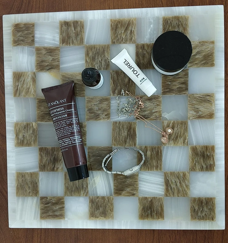 stonekocc Luxury Natural Onyx Game Board Mosaic Checkerboard Grid Tray Designer Room Home Storage Decorative Trays