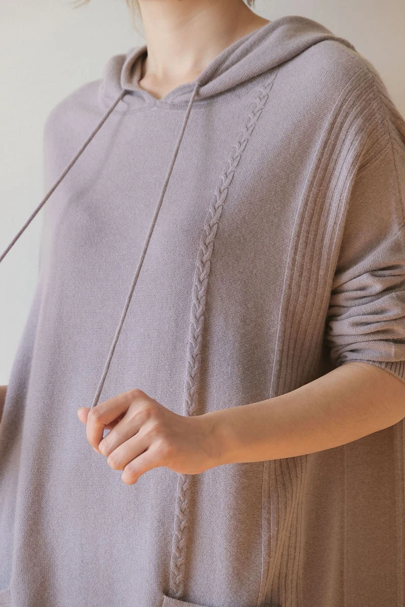 Women Casual Boho Sweater Long Sleeve Hooded Cashmere Merino Wool Dress Women With Tassels and Pockets