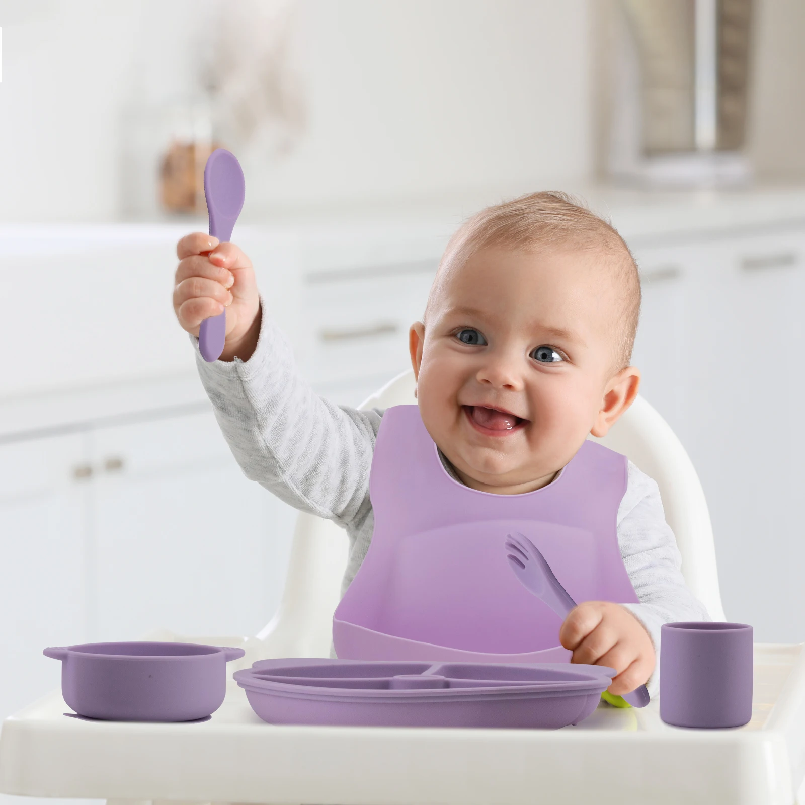 BPA Free Food Grade Silicone Baby Feeding Sets, Soft Spoon and Fork with Pacifier BPA-Free Bib/Plate/Bowl