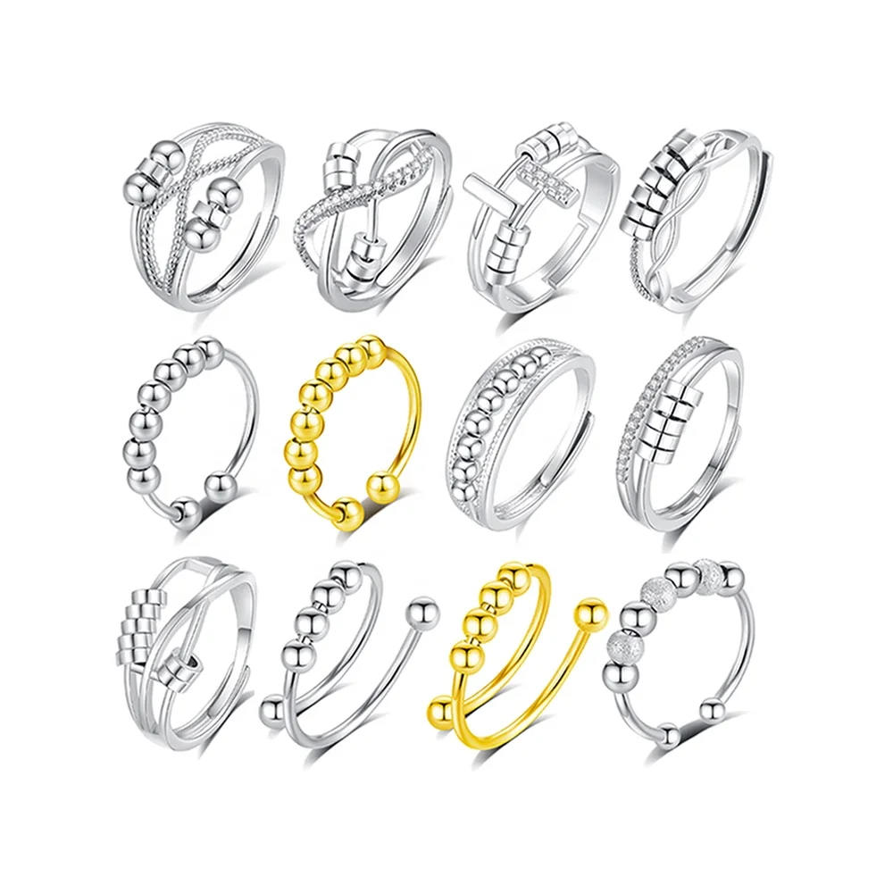 Fashion Jewelry Adjustable Size Rotatable Beaded Rings Relief Fidget Anti Anxiety Resizable Ring for Women