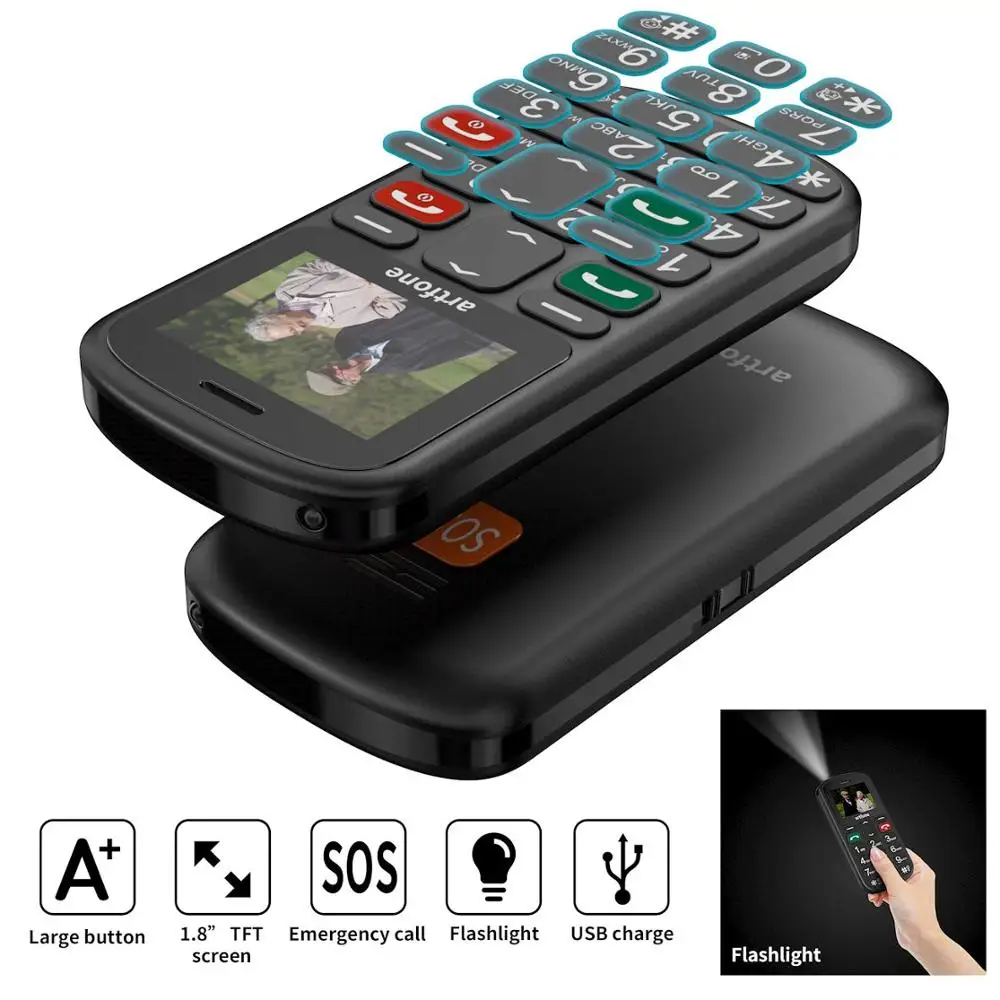 Artfone CF241A GSM раскладушка с большой кнопкой мобильный телефон для пожилых людей телефон-раскладушка SOS-черный