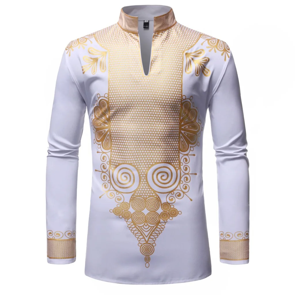 
Hot Sale 55% Cotton 45% Polyester Hot Stamping Long Sleeve African Style Shirt Dashiki 