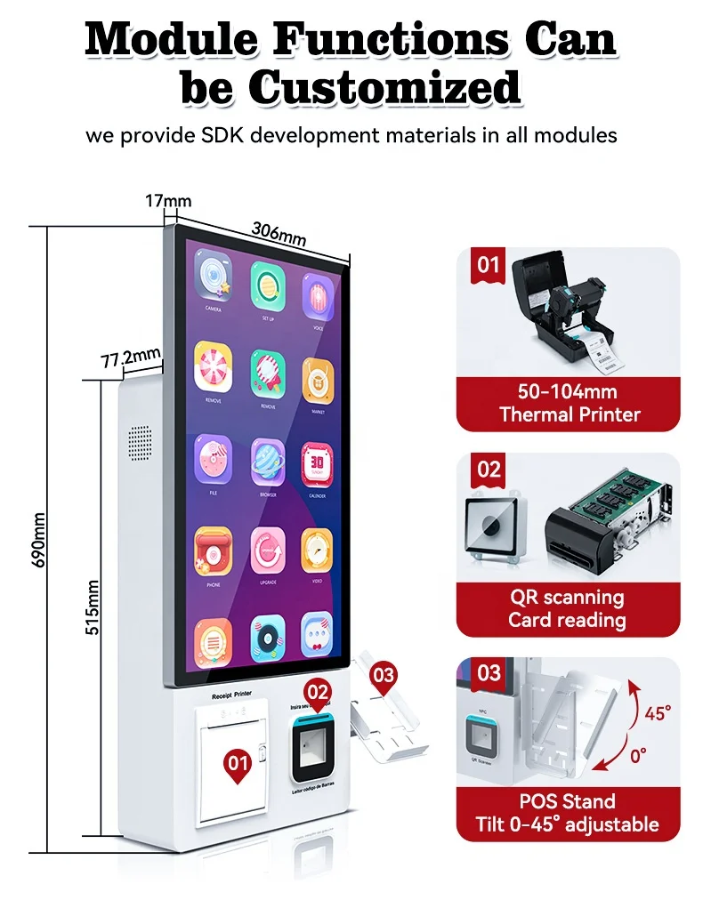 Uingwin Kiosk Self Service Payment Machine with Printer CE Certified All in One Payment Self Order Touch Kiosk Restaurant SDK