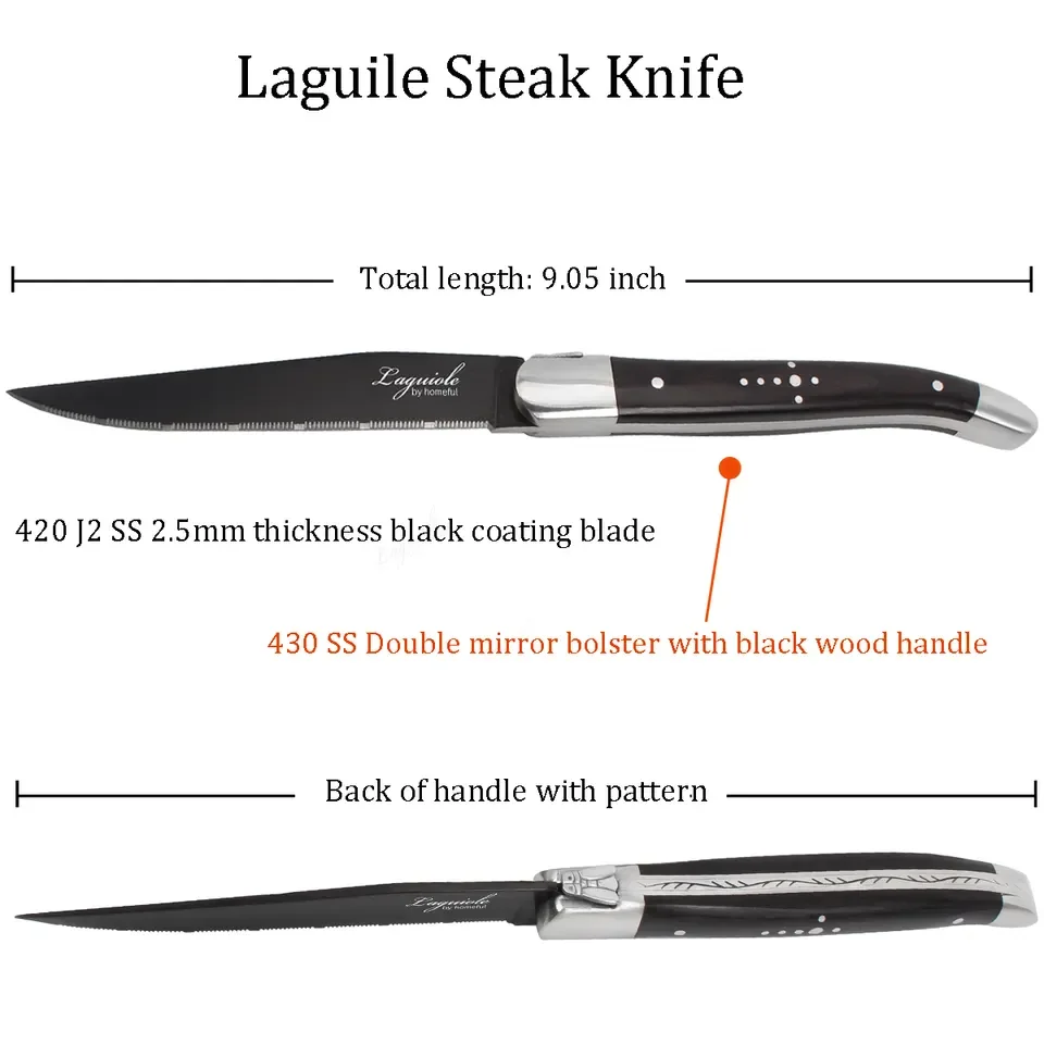 New collection black coating blade laguiole steak knife with forged pakka wood handle