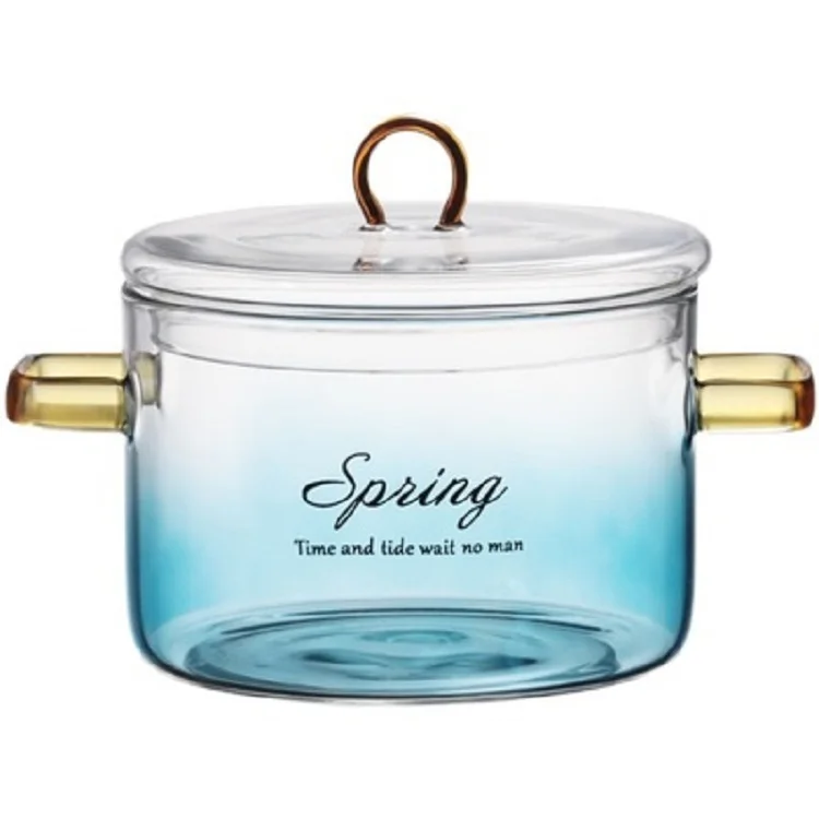 Aeofa High Borosilicate Glass Blue Gradient Two-eared Home Soup Pot Salad Bowl Electric Cooker Heat Stew Pot