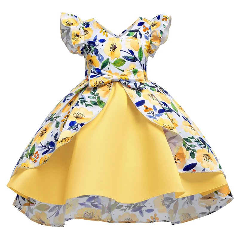 Latest Summer Children Floral Printed Formal Ball Gown Fly Sleeve Girl Princess Bow Clothes for Kids Girls Dresses