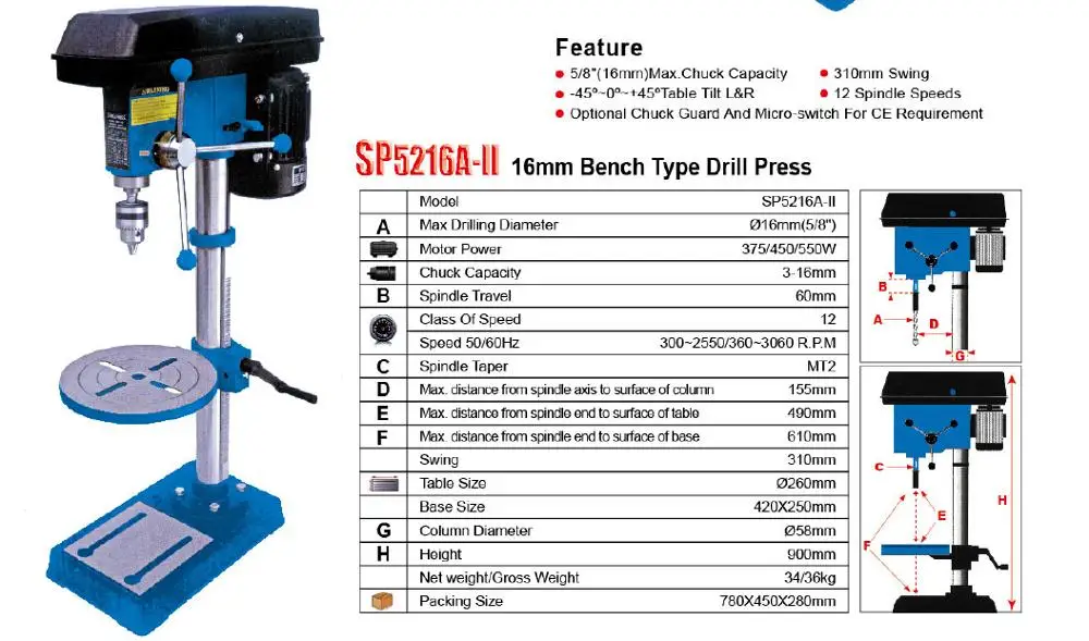 По оптовой цене из Китая Электрический металлический ручной скамья сверлильный станок taladro de columna SP5216A-II