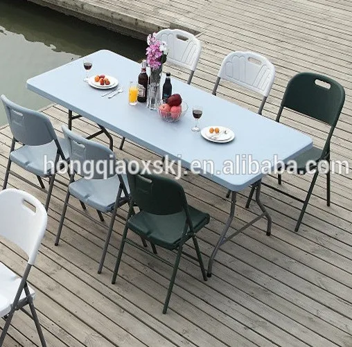 8ft Foldable Outdoor Plastic Table, Durable Long Banquet Table for Party and Events, Plastic Solid Panel Folding Table