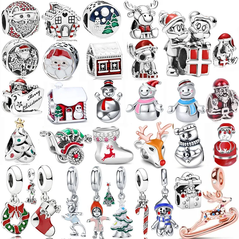100% 925 Sterling Silver Christmas Tree Bead CZ Santa Claus Charm Snowman Pendant DIY Bracelet Necklace Original Jewelry