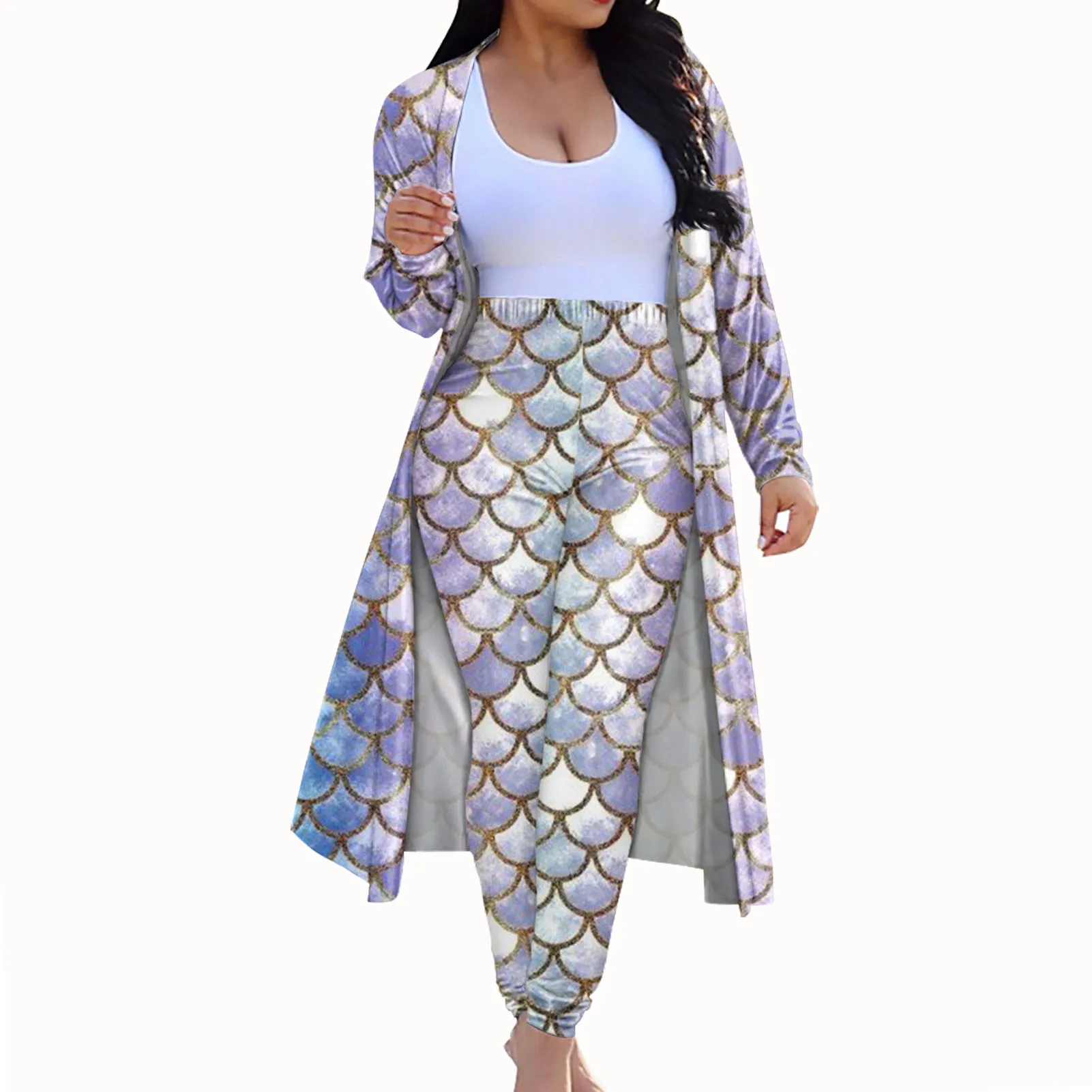
Custom Fish Scale Design Clothing Manufacturers 2021 New Plus Size Cardigan Trench Coat Women Turkey 2 Piece Pants Set Women 