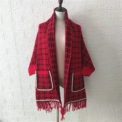 2022 New Luxury mink cashmere pocket Small Lattice tassel scarf winter warm cloak women Poncho shawl