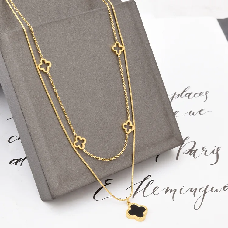 Manufacturer Wholesale Brand Jewellery 18K Gold Plated Stainless Steel Jewelry Double Layer Clover Necklace Jewelry for Women