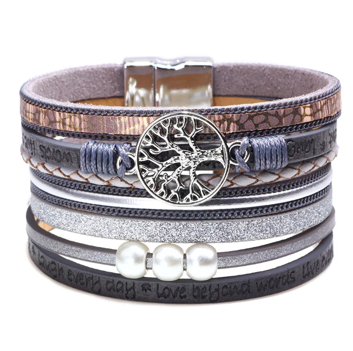 
Magnetic clasp bracelet women wholesale bling leather double wrap bracelet engraved strip and life tree accessories bracelets 