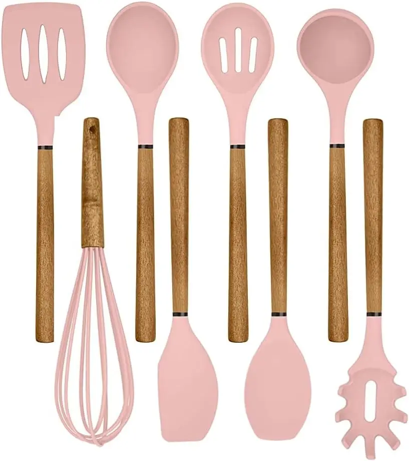 8 Pieces Set Non Stick Silicone Utensil Set with Rounded Wood Handles for Cooking and Baking, silicone utensils set wholesale