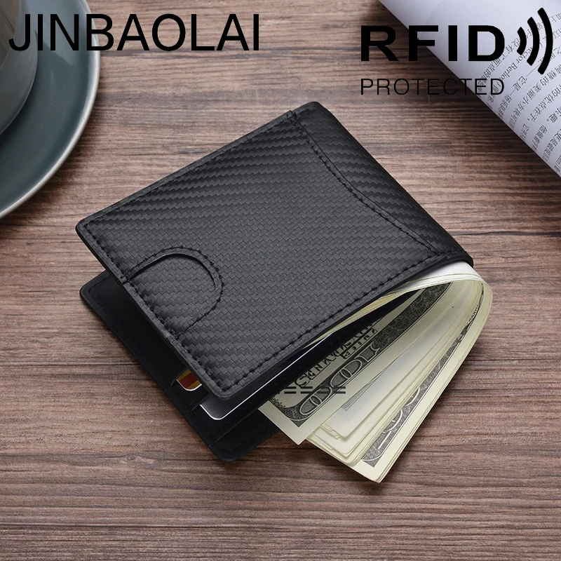 
Slim Wallet With Elastic Front Pocket Card Holders And Cash Carbon Fiber Leather Black Wallet Rfid Blocking Purse 