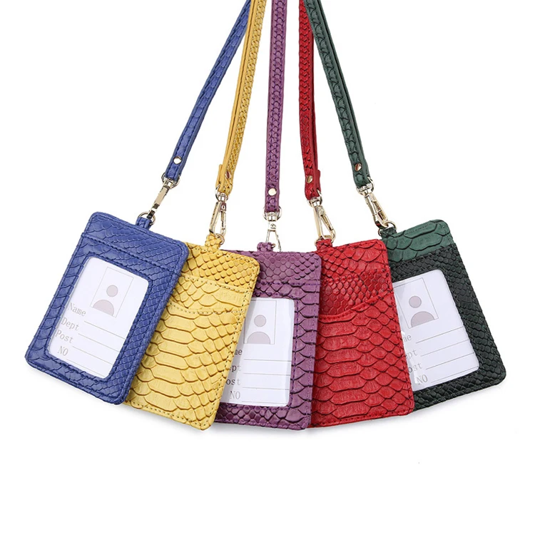Hot selling  pattern student ID card holder custom PU leather work pass card case with lanyard