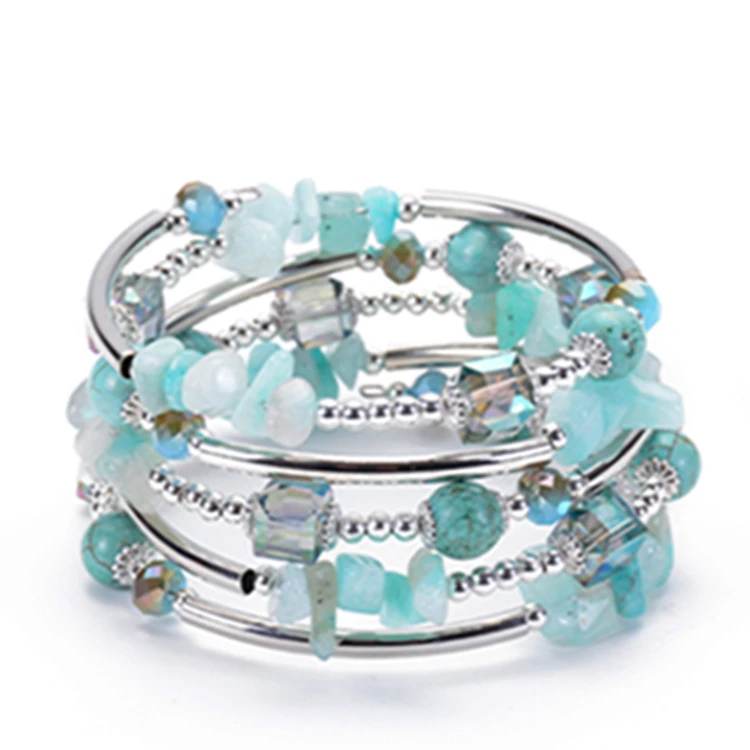 HP-01 Fashion Metal Cuff Bracelet Handmade Jewelry Memory Wrap Spiral Turquoise Bead Natural Crystal Stone Bangle Bracelet