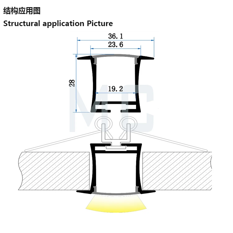 36*28mm U shaped aluminium corner angles for led casting curved aluminum extrusion with lips