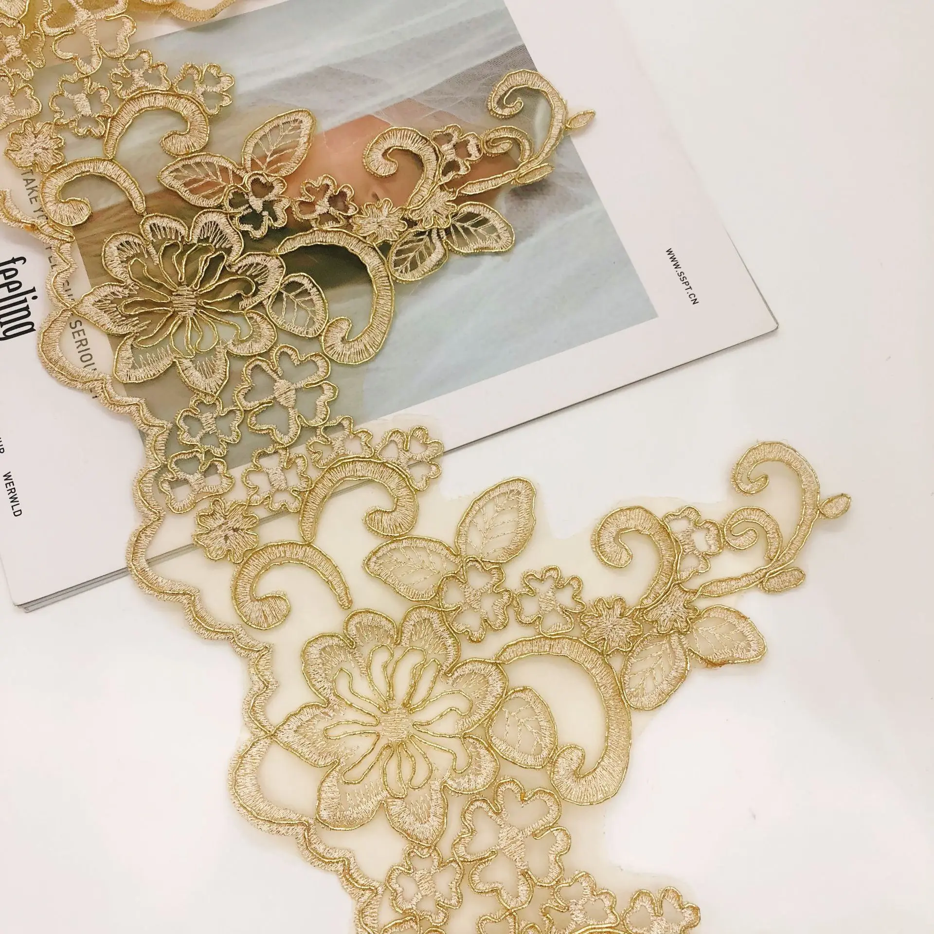 22 cm Wide Gold Metallic Thread Embroidery Tulle Mesh Polyester Guipure Cording Lace Trim