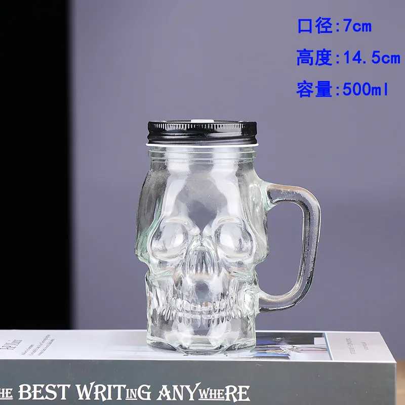 Wholesale 500ml transparent square skeleton glass with handle cock cup with handle straw Mugs With Straws