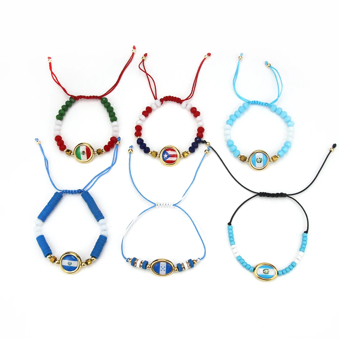 American Custom Company team Flag Bracelet Gift Hand Woven crystal polymer clay USA Puerto Rico Honduras Guatemala