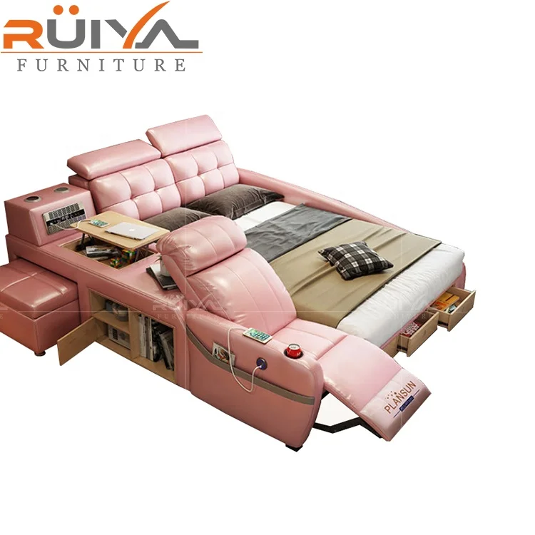 Ruiya Furniture factory direct sale modern Multifunctional smart bed tatami leather king bed with recliner chair