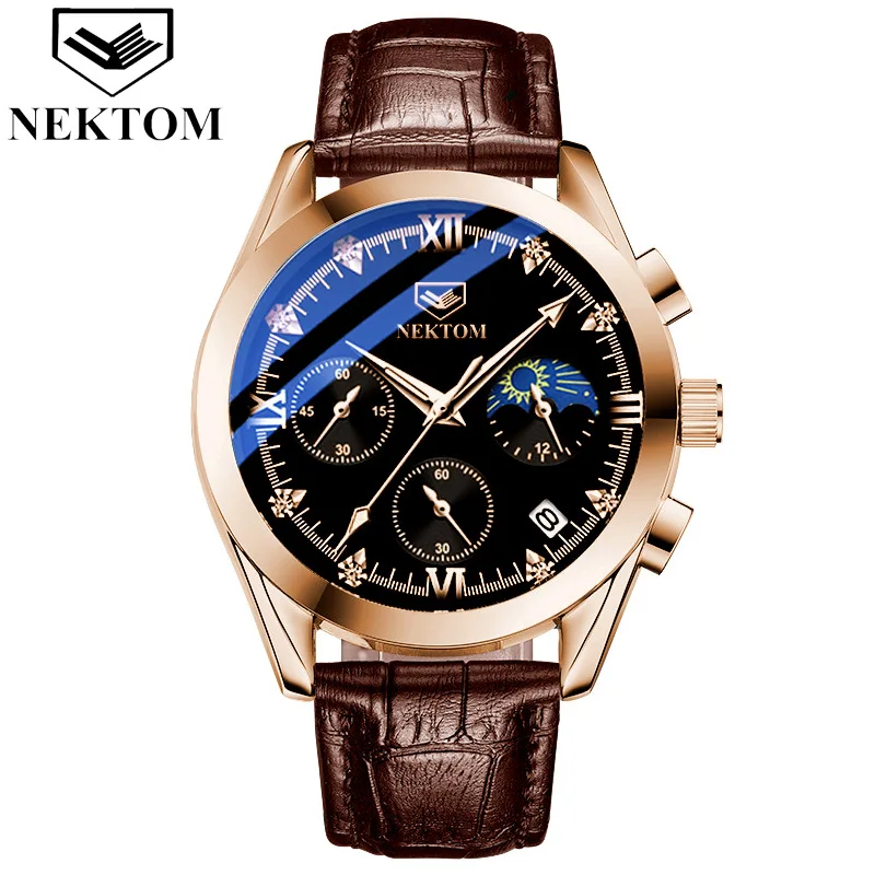 NEKTON 8222 high quality men quartz leather watch 3 sub dials date Simple Leisure wrist watch