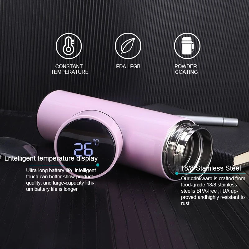 Factory Stock 500ml 304 Stainless Steel Led Display Smart Thermos Cup for Child Gift Straight Tumbler Bottle