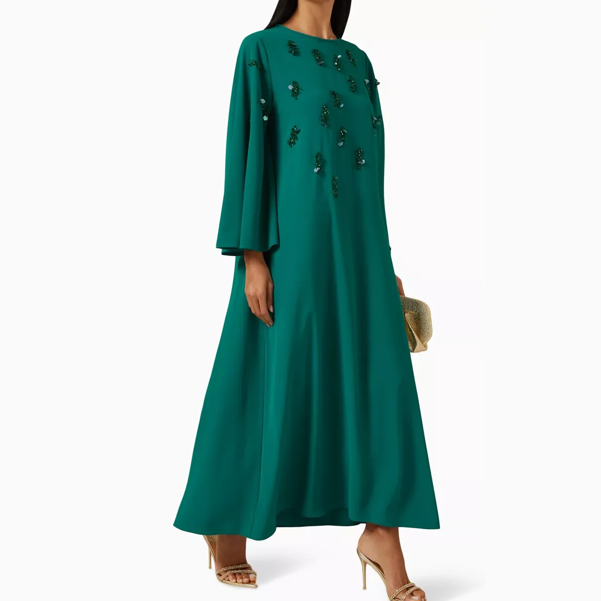 green arabic evening dress long modest Floral Elegant ramadan Eid plain kaftan muslim women evening robe dress