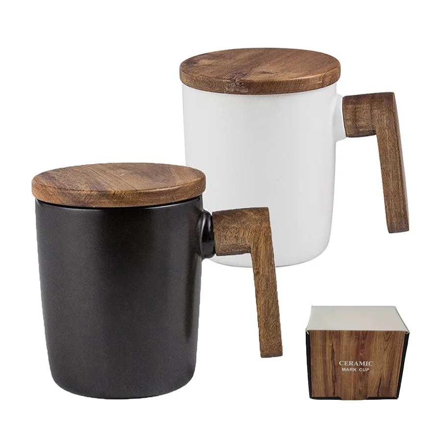 Wholesale Smooth Ceramic Coffee Mug Black White Creative Office Nordic Wooden Handle Tea Cups With Wooden Cover