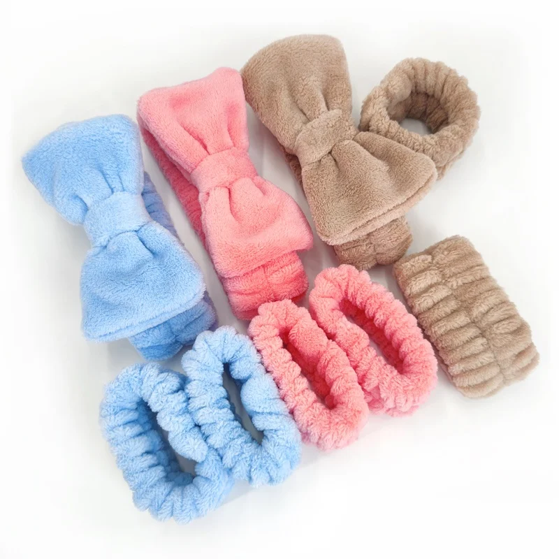 Multiple Colors Face Wash Set Flannel Spa Headband Wristbands With Logo Custom Bath Headband Women Girl Pairs Wrist Spa Washband