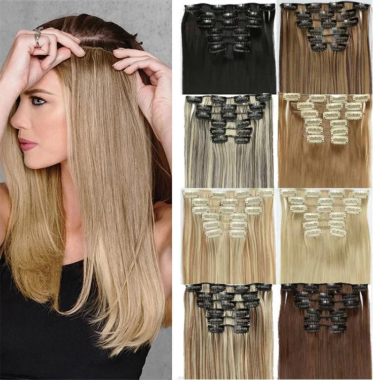 Wholesale Invisible 22 inch 6 pieces Hair Clip in Hair Extensions Straight Synthetic Hair