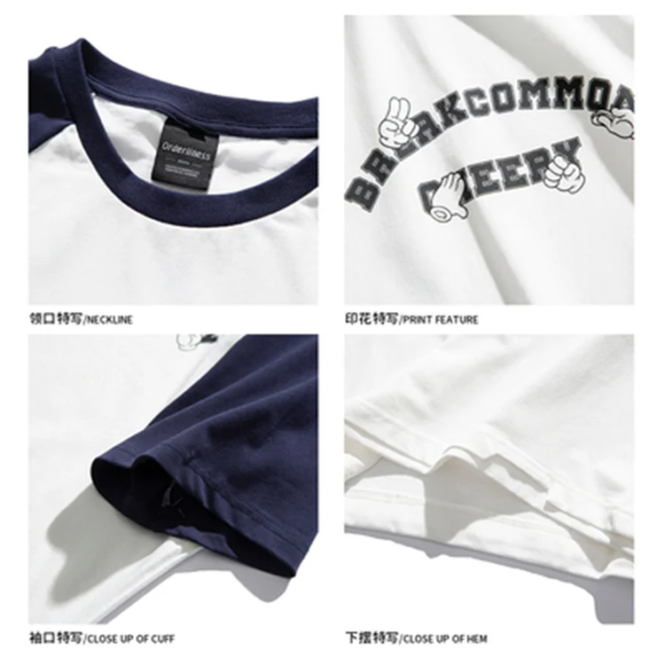 baggy ringer block t shirt with print Japanese style retro color block print short-sleeve shirts for men