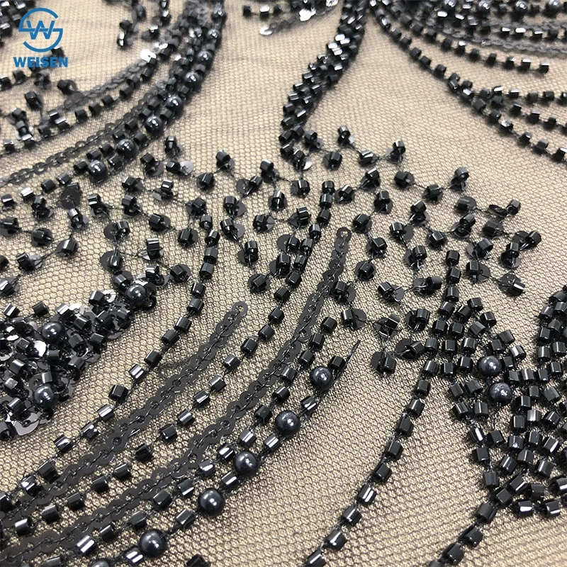 Luxury wedding sheer French lace sequins handmade tube bead lace fabric with gemstone beaded sheer lace WS3388