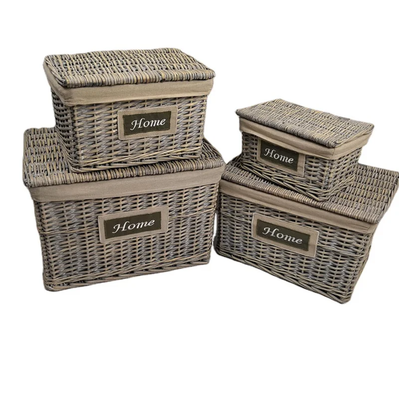 Wholesale set 3 natural square woven wicker lined storage boxes / storage boxes with covers