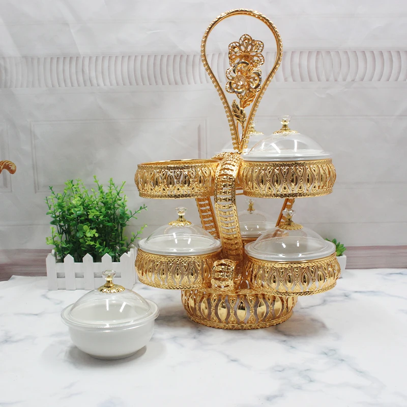
Fruit Dessert Candy Plate 2 tiers 6 holders Ceramic Bowls Arabic Serving Tray Storage Tableware Gift 
